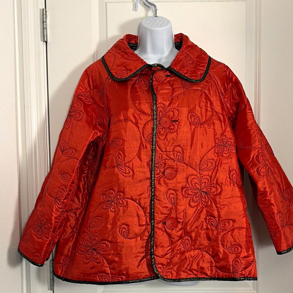 KENAR Reversible Quilted Jacket Women's Floral Red/Black/Gold Button Front xxl